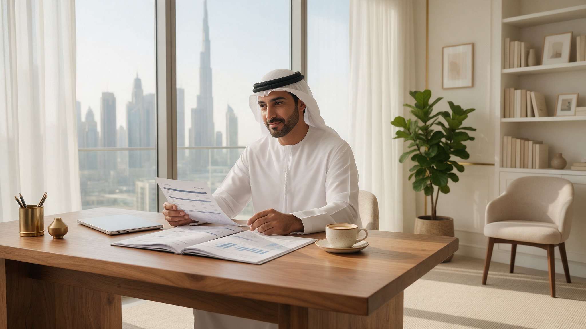 A UAE business owner reviewing business finances